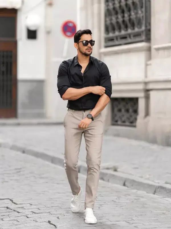 Black and beige Shirt pant combination photos.