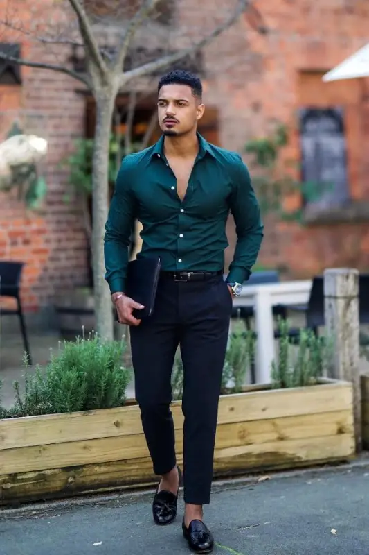 Teal colour shirt and black trousers