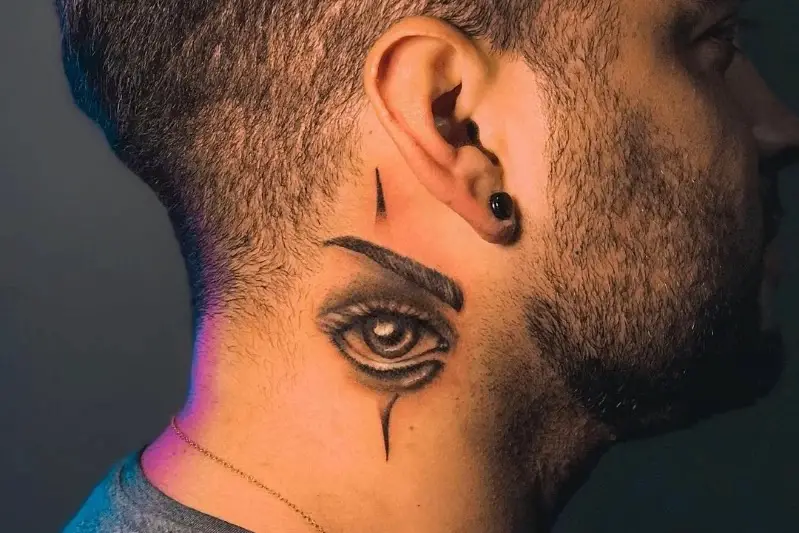 3D eyes neck tattoo men.