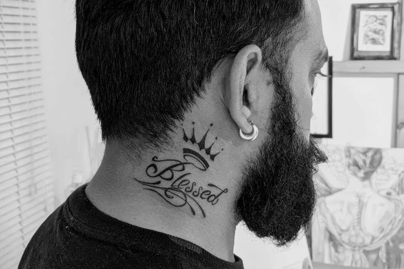 Blessed, Written text (quotes, words and alphabet) Neck tattoos