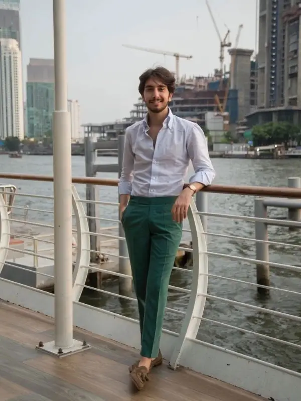 White shirts with green trousers.
