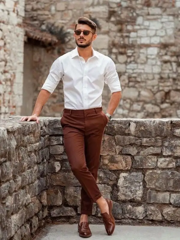 White shirts with coffee brown trousers.