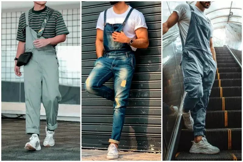 Men's dungarees/overalls fashion With short-sleeves crewneck t-shirt.