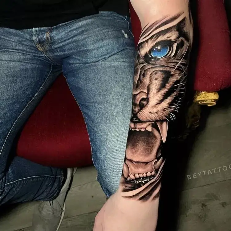Roaring lion and 3d eyes forearms tattoo