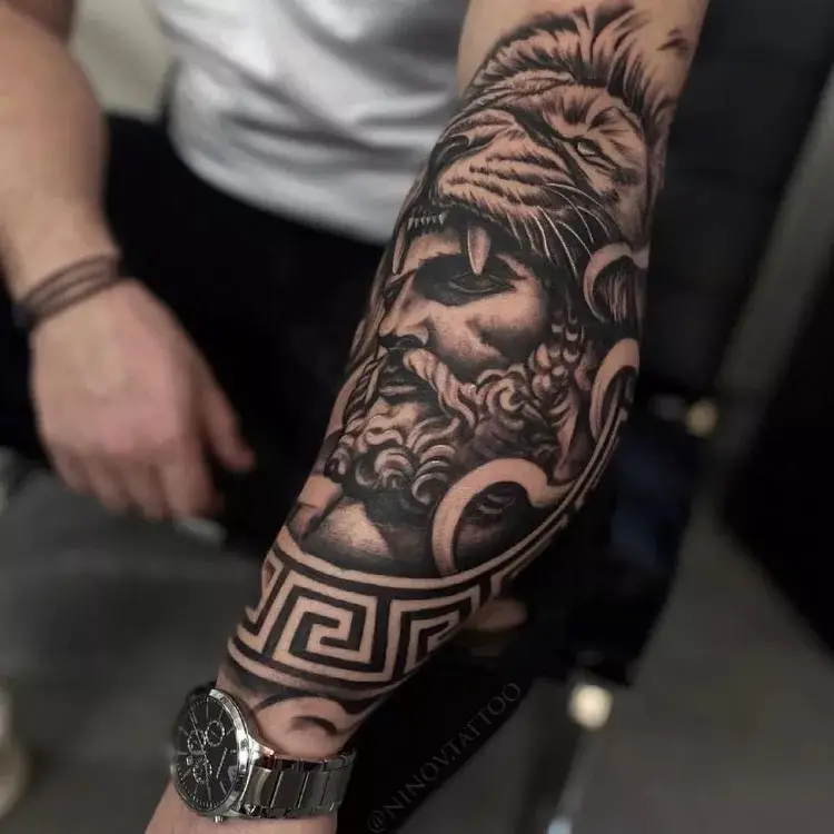 Lion and man tattoo design for mens Forearms.