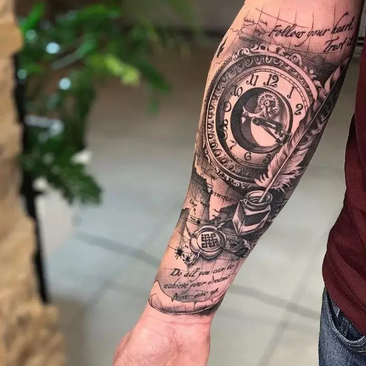 Treasure sign, compass men's forearms tattoo design ideas