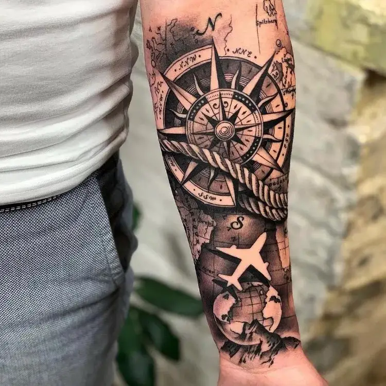 Map and compass, forearms tattoo men.