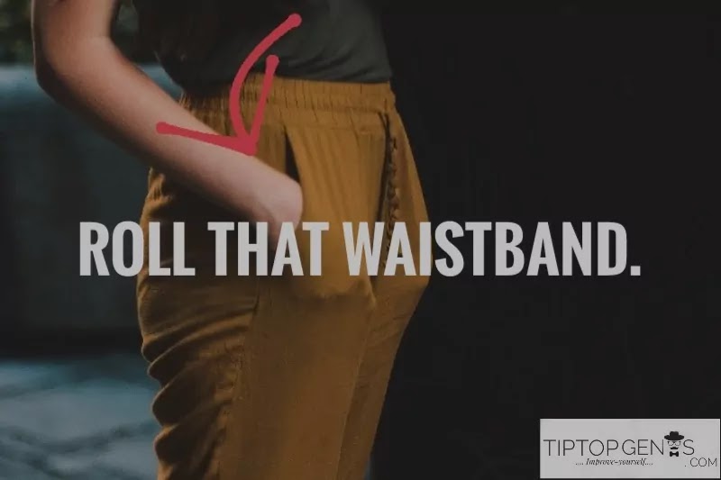 Use pant's second button or hook/ roll its waistband