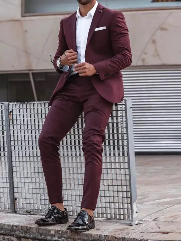 Wine colour suit with white shirt