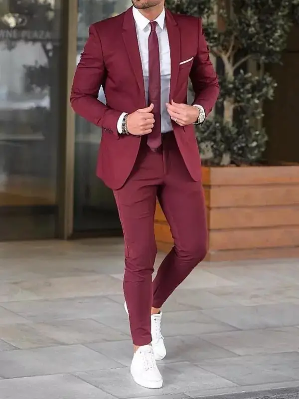 Burgundy colour suit with white shirt