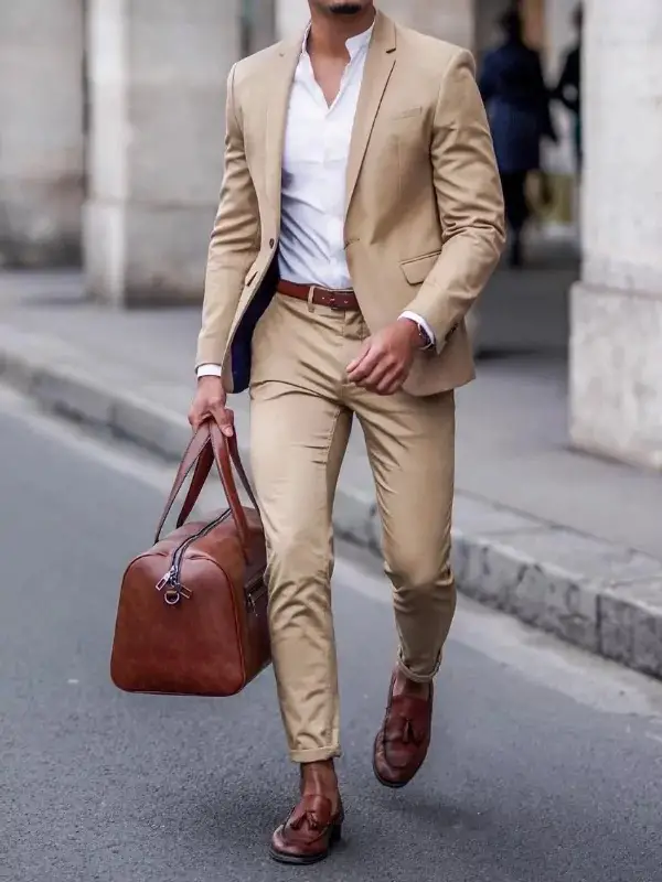 Camel colour suit with white shirts.