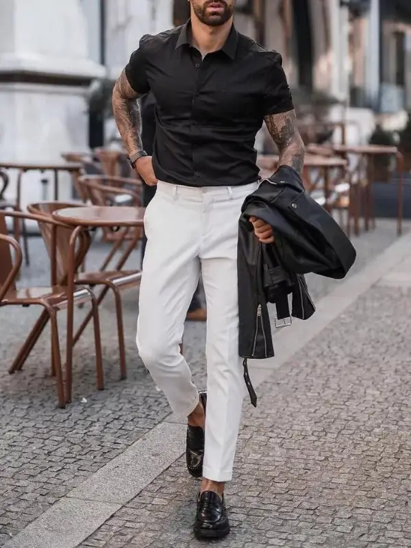 Plain black Half-sleeves shirts With white trousers & without belt.