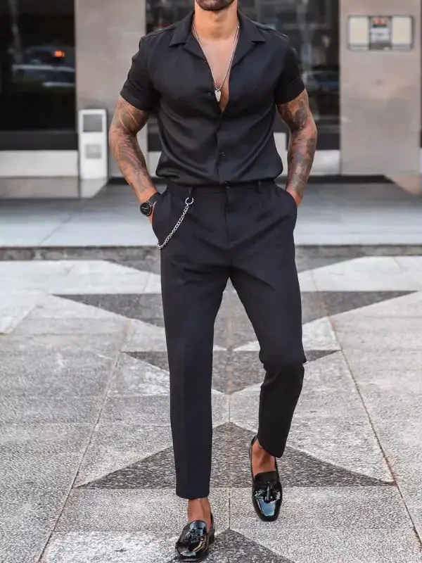 Plain black Half-sleeves shirts with black trousers