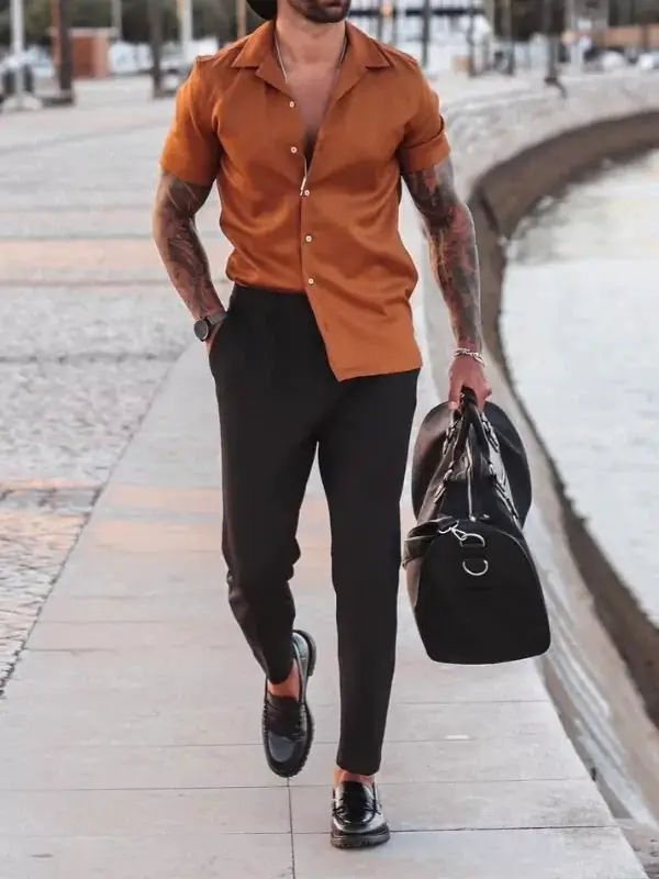 Plain bhagwa Half-sleeves shirts with black trousers