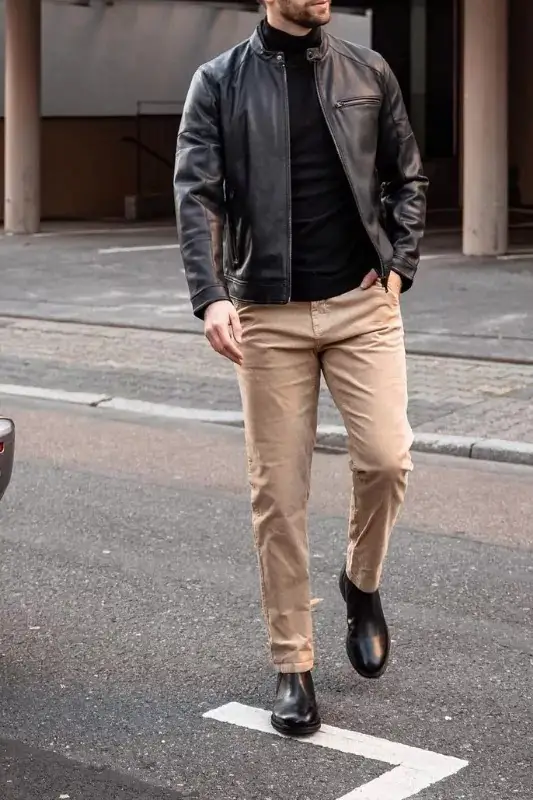 Black leather jacket and beige colour chinos, men's outfit.
