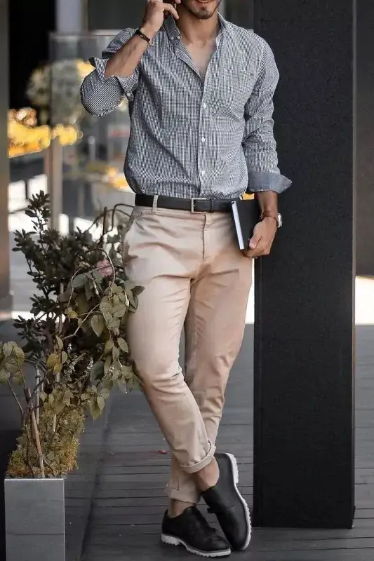 Grey colour shirts and beige pants., men's outfit.