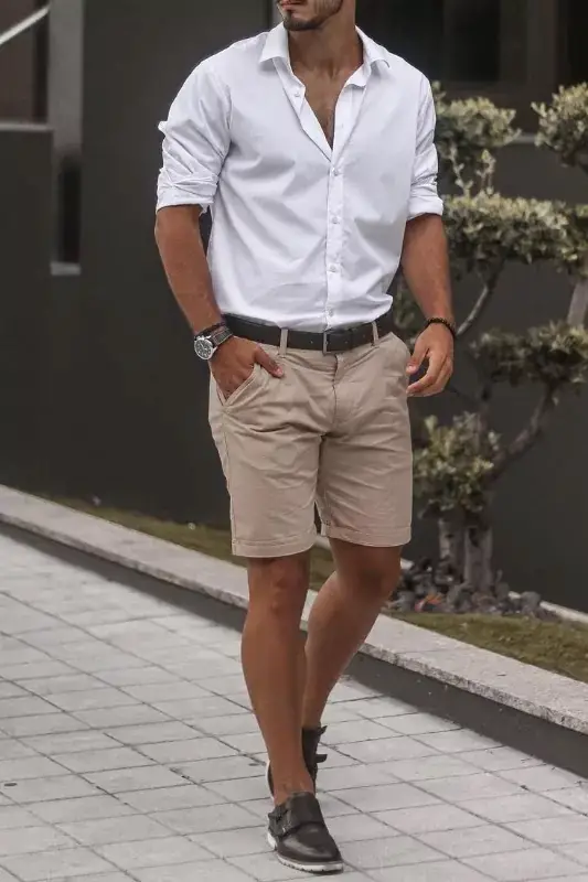 White shirts and beige colour shorts, men's outfit.