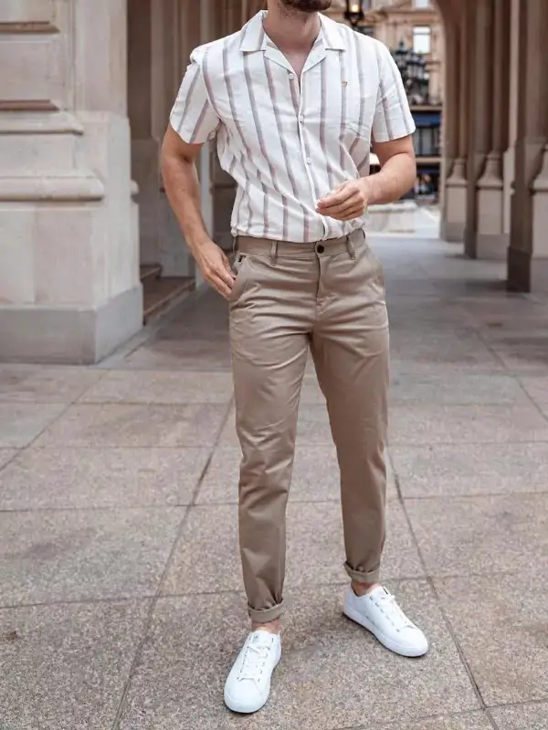 White check shirts and beige chinos, men's outfit.