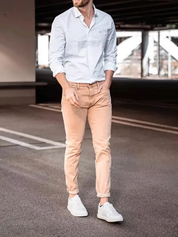 White shirt and beige chinos, men's outfit.