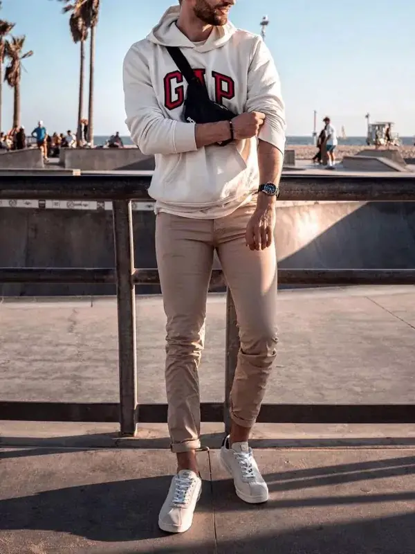 Beige hoodie and jeans, men's outfit.