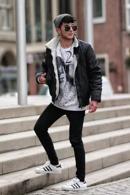 Beanie, jacket, crew neck t-shirt and jeans