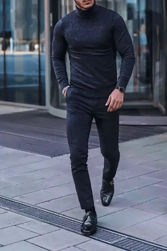 Black high-neck with black trousers