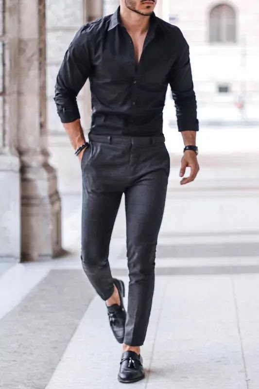 Black shirt and black trousers, all black outfit men.