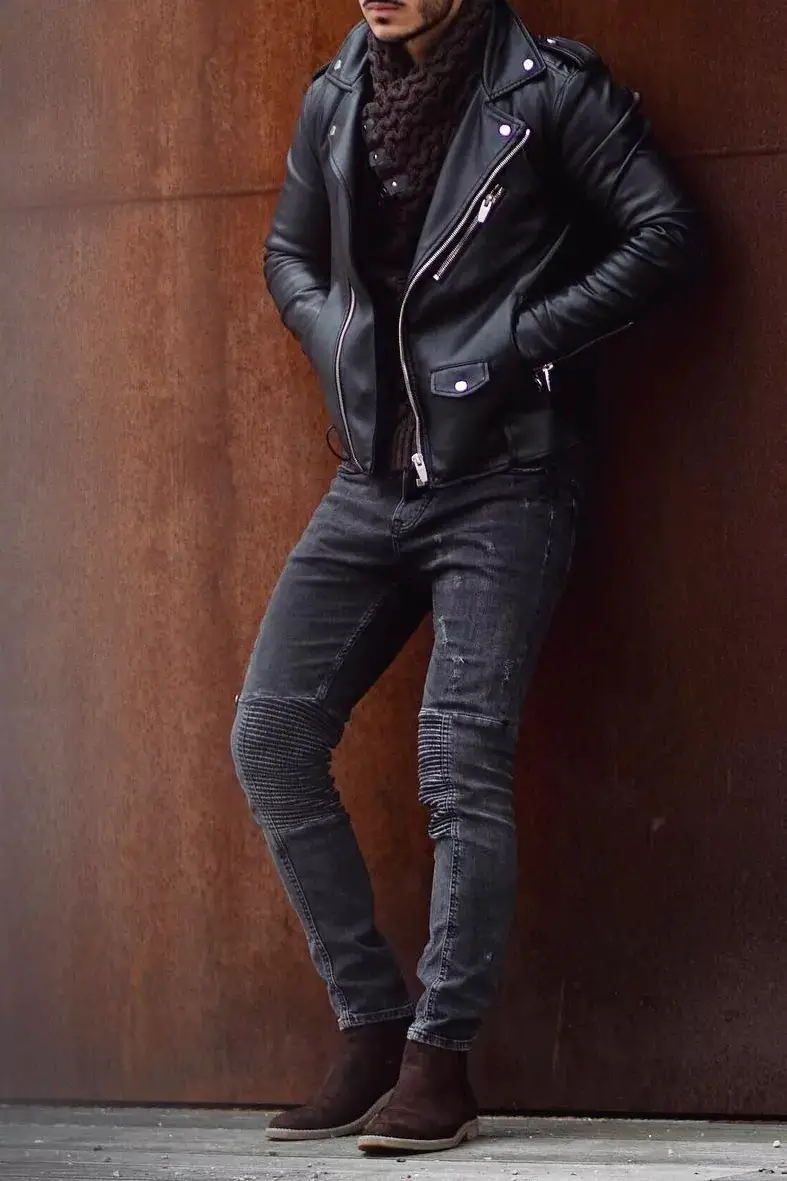 Black leather jacket and black jeans
