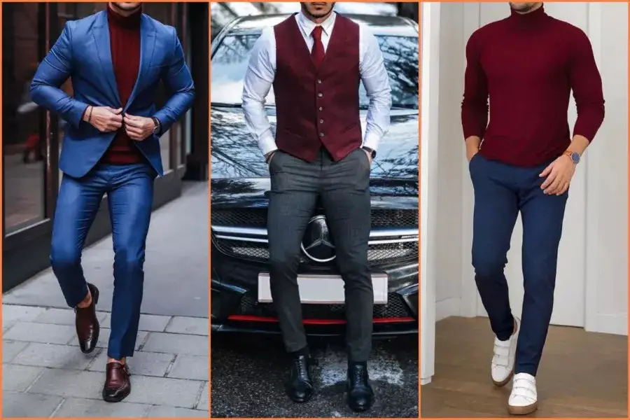 Wine color, burgundy, maroon color outfit men.