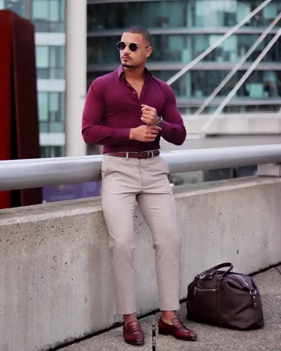 Maroon shirt light beige trousers