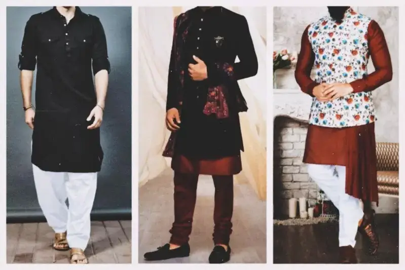 Three men wearing kurta pajama in different ways.