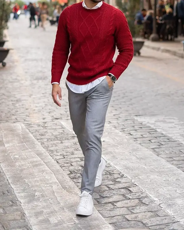 Shirt and trousers with round neck sweaters.