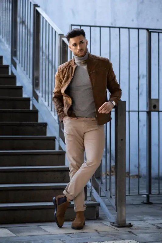 Chelsea boots with chinos and high-neck