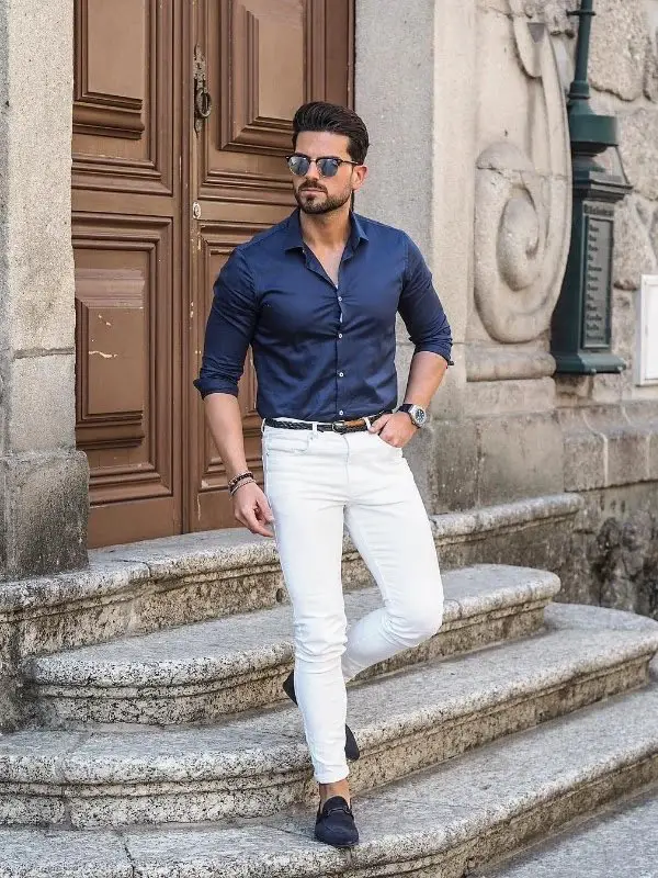 white jeans navy shirt