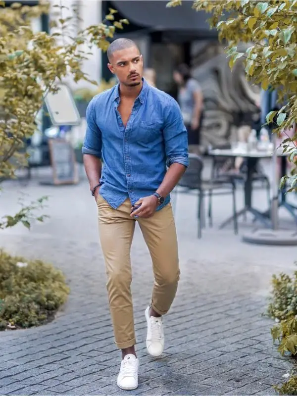 Can I wear a dark blue shirt with cream colour pants and brown loafers   Quora
