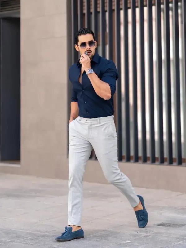 Can I wear a dark blue shirt with cream colour pants and brown loafers   Quora