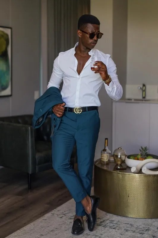White Shirt With Teal Formal Trouser Combination For Business Casual Look   Business casual men White shirt outfits Mens outfits