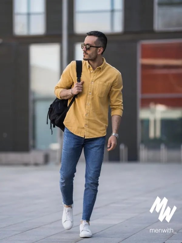 Yellow Chinos with Blue Long Sleeve Shirt Outfits 8 ideas  outfits   Long sleeve shirt outfits Blue long sleeve shirt Leather jacket men