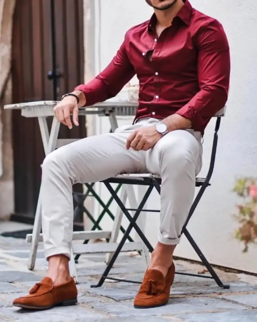 maroon colour pant and white shirt