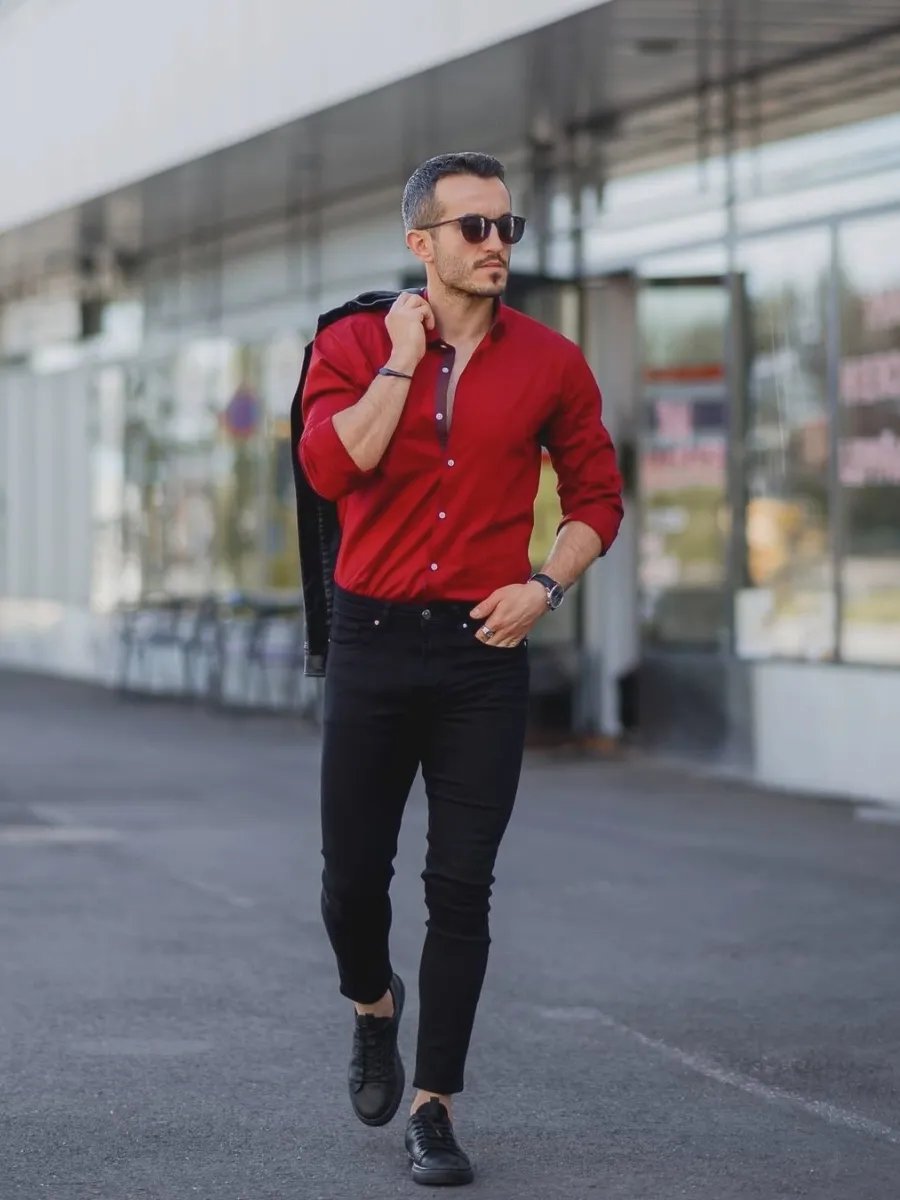 Black shirt deep red pants leather bag wow  Red pants men Calvin klein  collection Calvin klein aesthetic