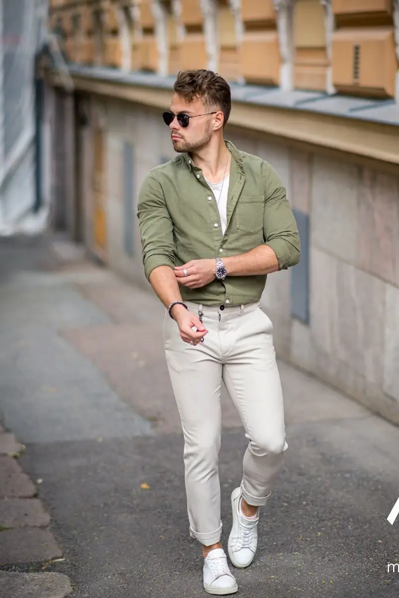 What Color Pants Goes With Olive Green Shirt White Trousers Outfit Idea  Inspiration Lookbook  Shirt outfit men Pants outfit men Green shirt  outfits