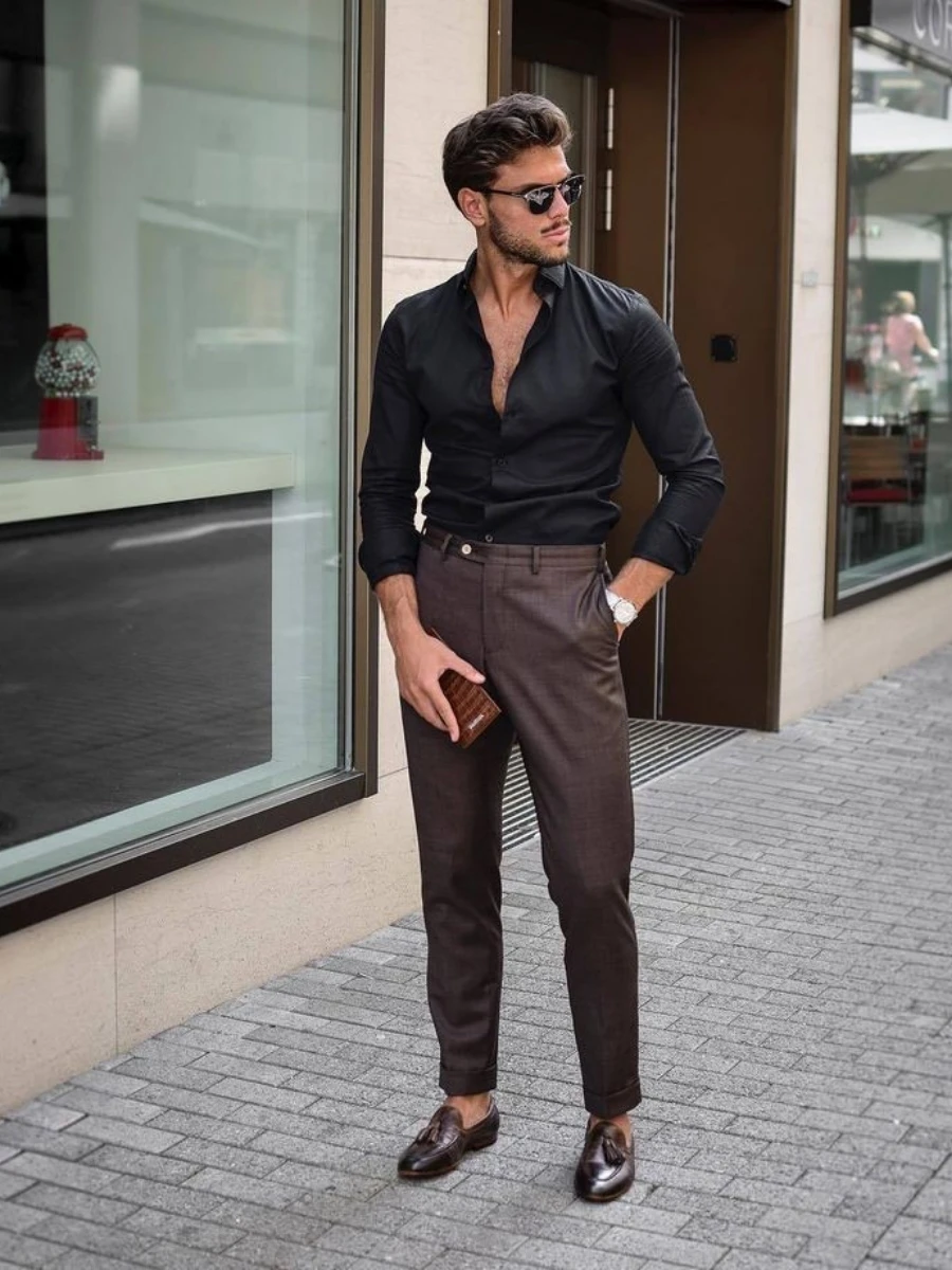 How To Style Brown Shoes, White Shirt And Black Pants-Bruno Marc