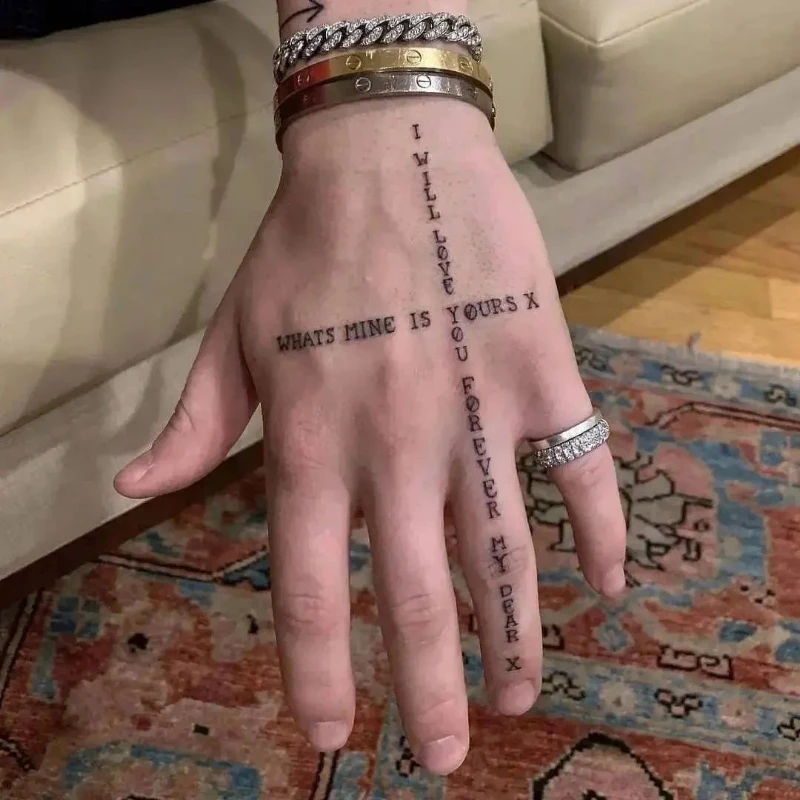 Small text tattoo on hand men